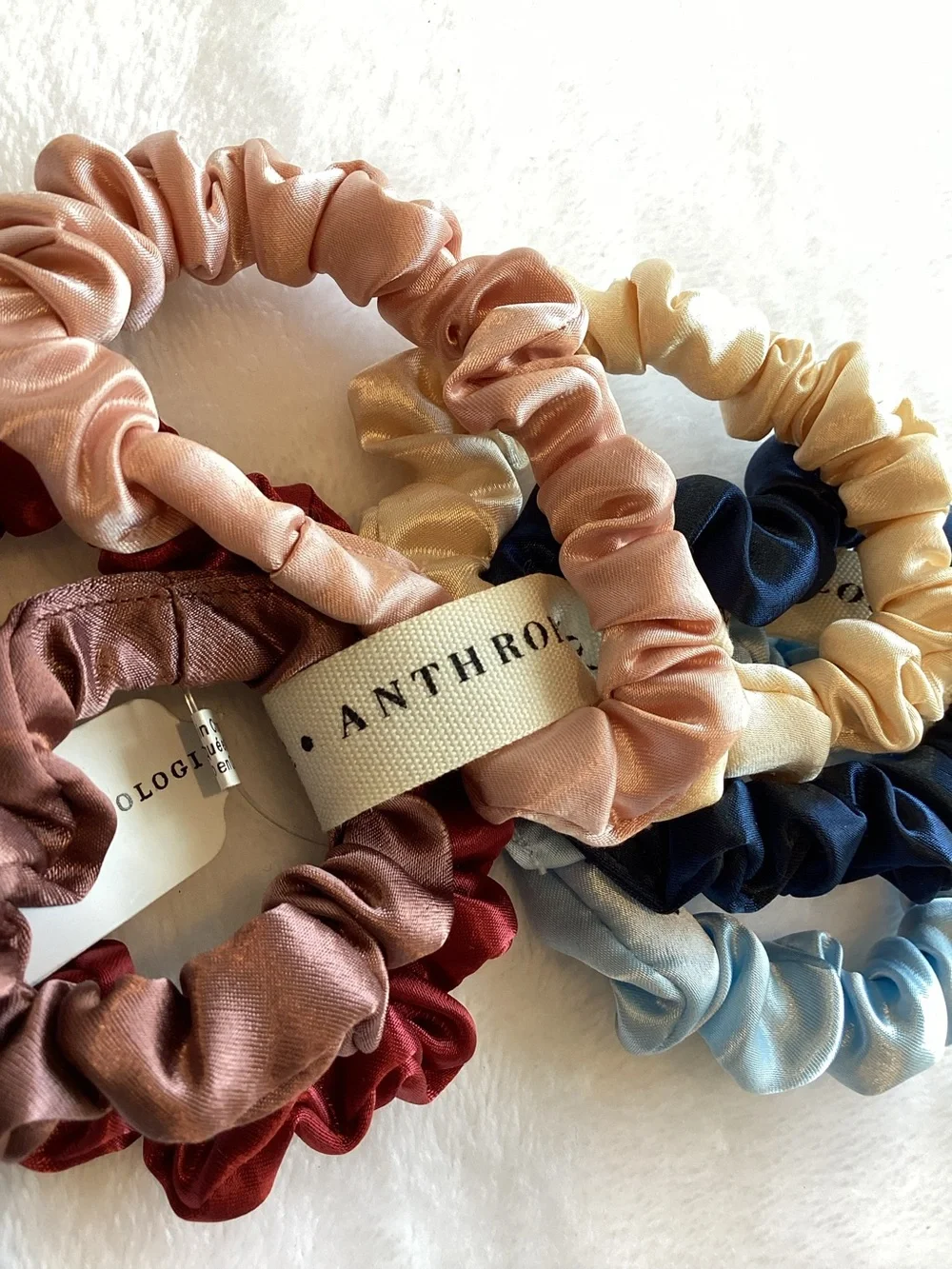 Anthropologie Satin Hair Scrunchies New Set of 6 Ties Red Blue Ivory Pink Mauve